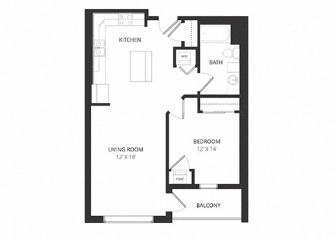 Floor plan for 1 bed, 1 bath, 752 sqft